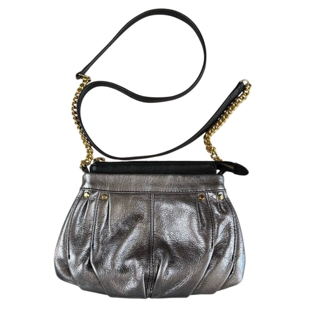 B. Makowsky Leather Metallic Pewter Crossbody Gold Chain Mini Purse